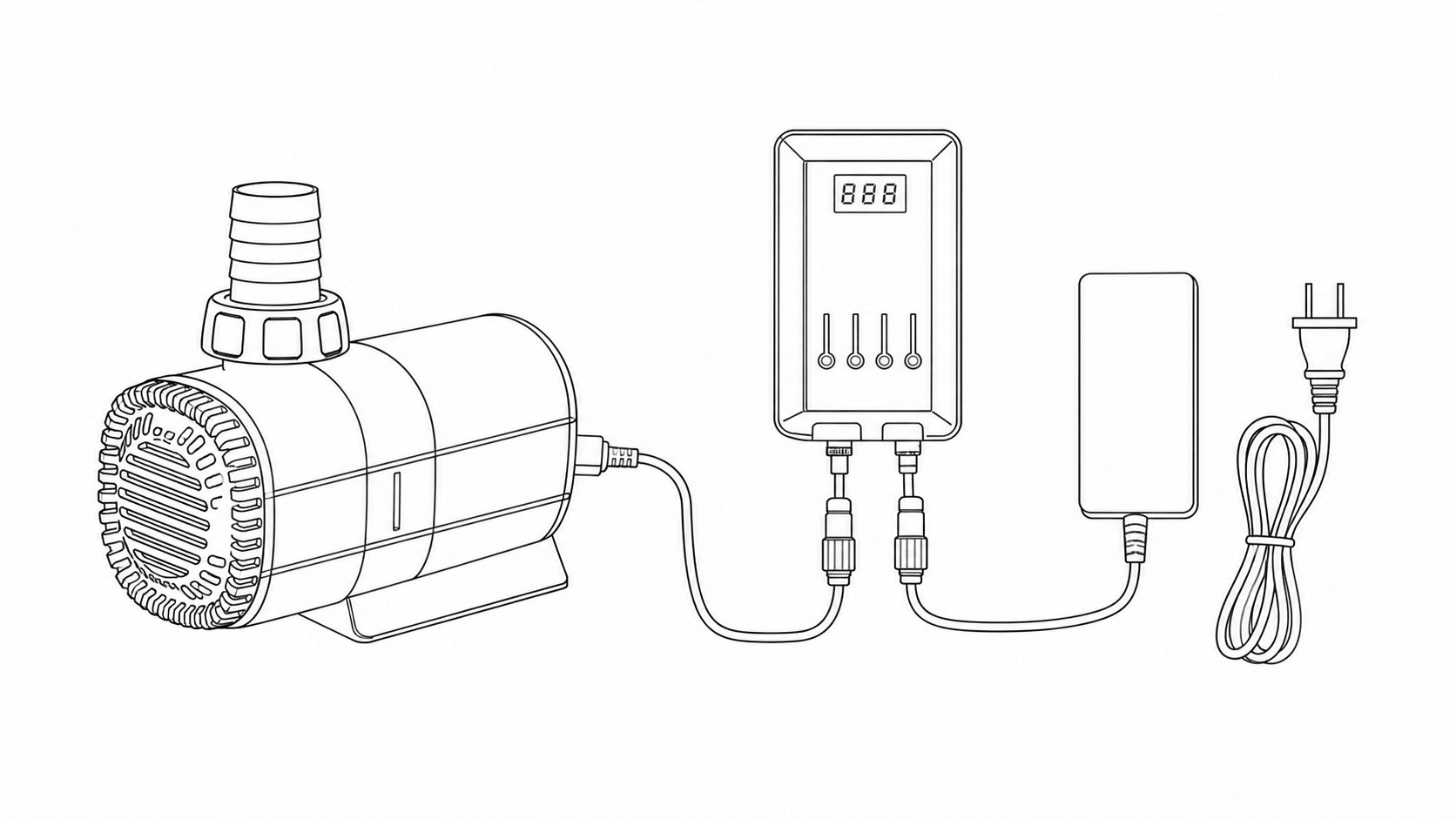 Line drawing of a water pump connected by cable to a control box with a digital display and a power adapter.