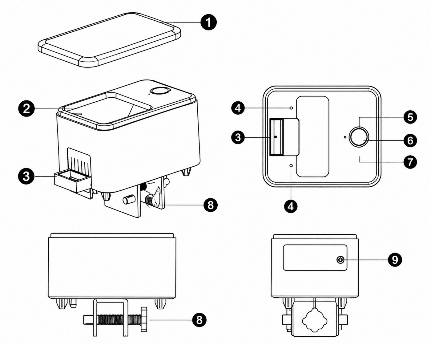 Exploded diagram of a small appliance: top cover (1), main housing (2) with drawer/slot (3), outer frame (4), circular control area (6) and back view with connector hardware (8).