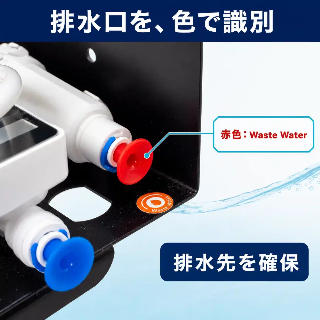 赤色のWaste Water排水口を示す商品説明