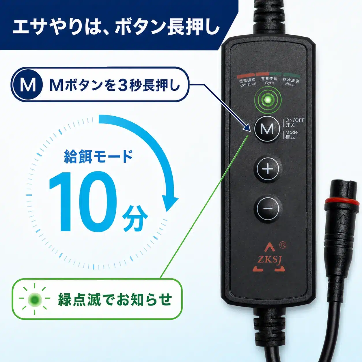 特徴パネル: Mボタン3秒長押しで給餌モード10分