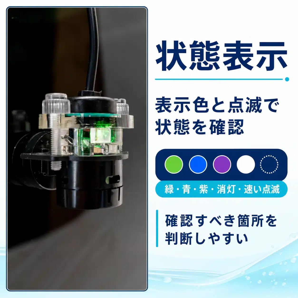 03-status-indicator | 海水魚通販はアクアギフト 表示色と点滅で状態を確認できることを説明するパネル(緑・青・紫・消灯・速い点滅)